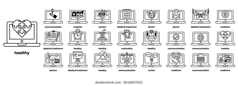 A Set of illustrations in the concept of computers and business objects in line art style.