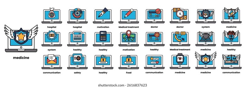 A Set of illustrations in the concept of computers and business objects in line art style.
