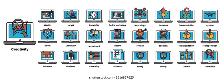 A Set of illustrations in the concept of computers and business objects in line art style.