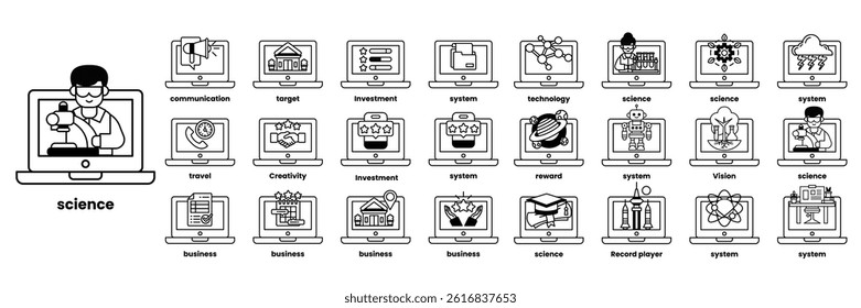 A Set of illustrations in the concept of computers and business objects in line art style.