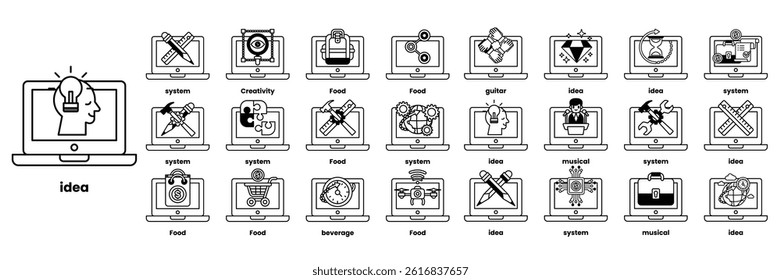 A Set of illustrations in the concept of computers and business objects in line art style.