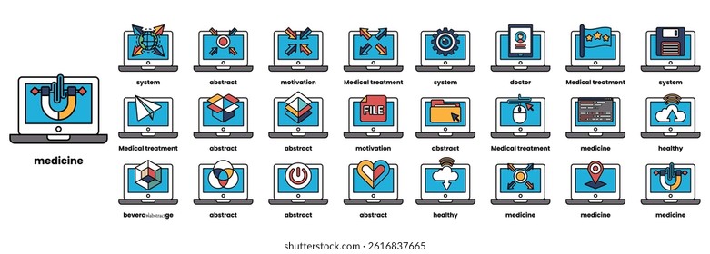A Set of illustrations in the concept of computers and business objects in line art style.