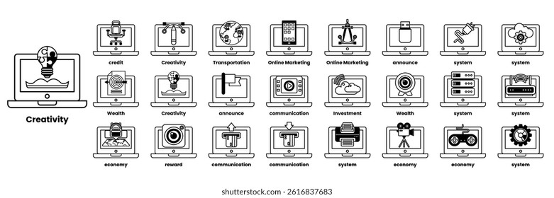 A Set of illustrations in the concept of computers and business objects in line art style.