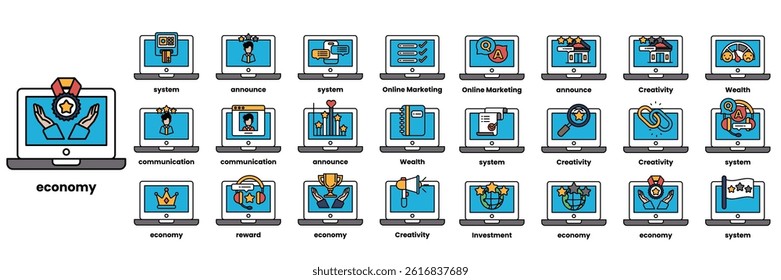 A Set of illustrations in the concept of computers and business objects in line art style.