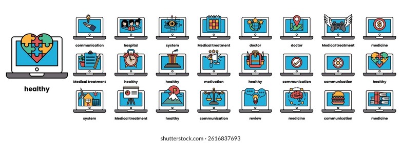A Set of illustrations in the concept of computers and business objects in line art style.