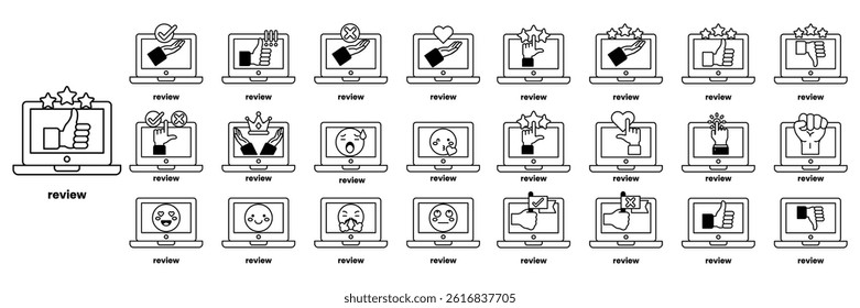 A Set of illustrations in the concept of computers and business objects in line art style.