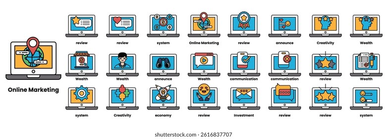 A Set of illustrations in the concept of computers and business objects in line art style.