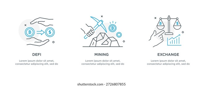Conjunto de ilustrações conceito com criptomoeda. tecnologia, moeda, financeiro, negócios