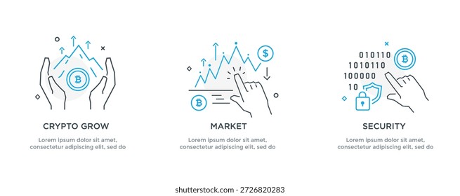 Conjunto de ilustrações conceito com criptomoeda. tecnologia, moeda, financeiro, negócios