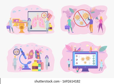 Set of illustrations. The concept of diagnosis and treatment of coronavirus COVID-2019. Doctors diagnose the deadly type of 2019 nKoV virus. Little scientists study the virus. Colorful vector 