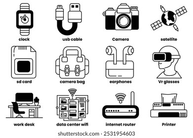 Set of illustrations in the concept of electronic devices in line drawing style