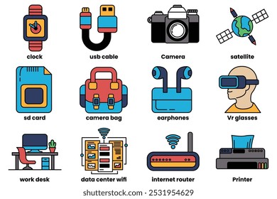 Set of illustrations in the concept of electronic devices in line drawing style