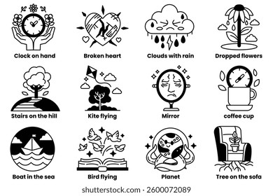 A set of illustrations in the concept of emotion and imagination in a line style