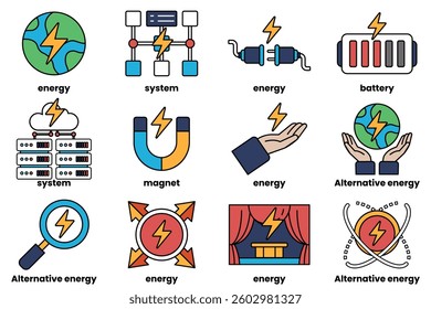 A set of illustrations in the concept of energy and renewable energy in a line style