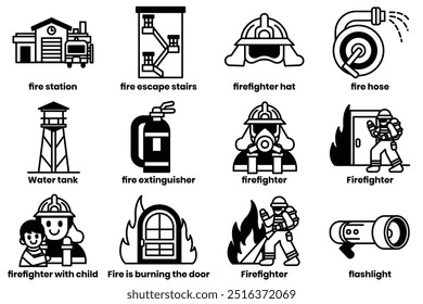 A Set of illustrations in the concept of firefighters in line drawing style.