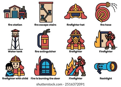 A Set of illustrations in the concept of firefighters in line drawing style.