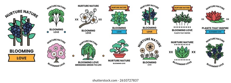 A Set of illustrations in the concept of flowers and trees in line drawing style