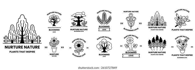 A Set of illustrations in the concept of flowers and trees in line drawing style