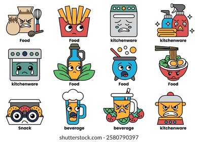 A set of illustrations in the concept of food and electrical appliances with facial expressions