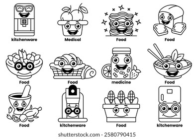 A set of illustrations in the concept of food and electrical appliances with facial expressions