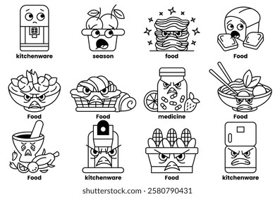 A set of illustrations in the concept of food and electrical appliances with facial expressions