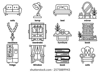 A Set of illustrations in the concept of furniture in the house in a line style