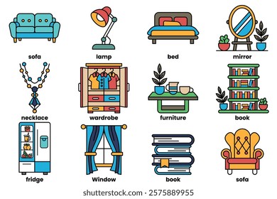 A Set of illustrations in the concept of furniture in the house in a line style