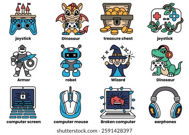 A Set of illustrations in the concept of gamers in line drawing style