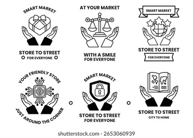 A Set of illustrations in the concept of hands and business objects in line drawing style