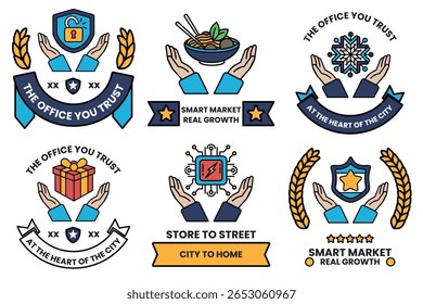A Set of illustrations in the concept of hands and business objects in line drawing style