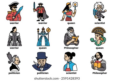 A Set of illustrations in the concept of historical figures in line drawing style