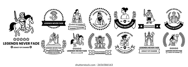 Un conjunto de ilustraciones en el concepto de figuras históricas en un estilo de línea