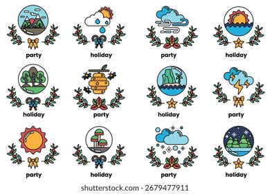 A Set of illustrations in the concept of holiday objects in line art style