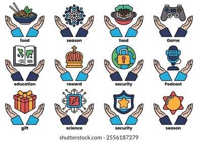 Set of illustrations in the concept of human hands holding things in line drawing style