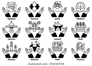 Set of illustrations in the concept of human hands holding things in line drawing style
