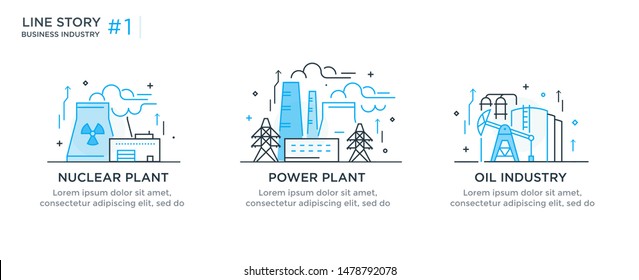 Set of illustrations concept with industrial, technology, factory, infrastructure, development icons. linear illustration Icons infographics. Landing page site print poster. Line story Eps vector.