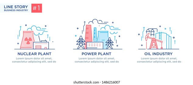 Set of illustrations concept with industrial, technology, factory, infrastructure, development icons. linear illustration Icons infographics. Landing page site print poster. Line story Eps vector.
