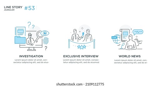 Set of illustrations concept with journalism. Investigation, news, interview, exclusive. linear illustration Icons infographics. Landing page site print poster. Line story