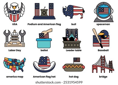 Set of illustrations in the concept of Labor Day and USA in line art style