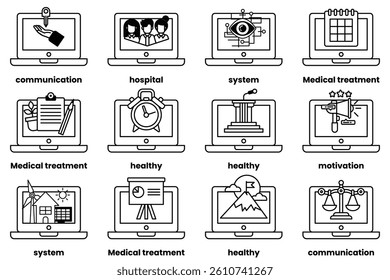 A Set of illustrations in the concept of laptops and things in line art style