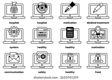 A Set of illustrations in the concept of laptops and things in line art style