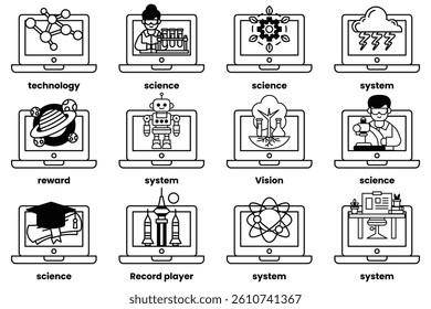 A Set of illustrations in the concept of laptops and things in line art style