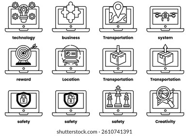 A Set of illustrations in the concept of laptops and things in line art style
