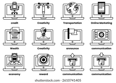 A Set of illustrations in the concept of laptops and things in line art style