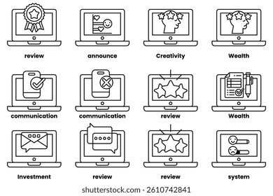 A Set of illustrations in the concept of laptops and things in line art style