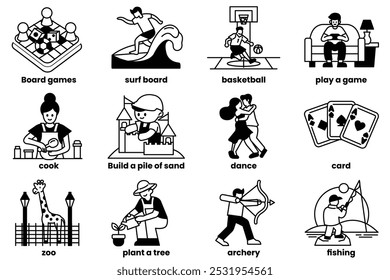 A set of illustrations in the concept of leisure activities in a line drawing style