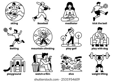 Un conjunto de ilustraciones en el concepto de actividades de ocio en un estilo de dibujo lineal