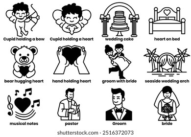 A set of illustrations in the concept of love and marriage in a line drawing style.