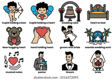 A set of illustrations in the concept of love and marriage in a line drawing style.