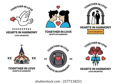 A set of illustrations in the concept of Love and Valentines in line drawing style